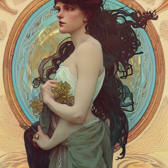 Image similar to a highly detailed beautiful portrait in the style of alphonse mucha and in the style of peter mohrbacher.