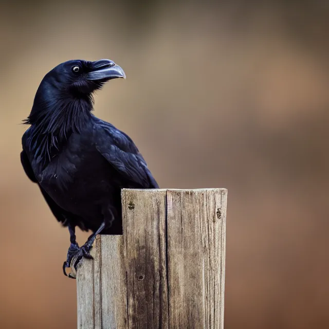 Image similar to a raven on a fence post, nature photography, wildlife photography canon, sony, nikon, olympus, 4 k, hd, 1 0 0 mm, depth of field, golden hour