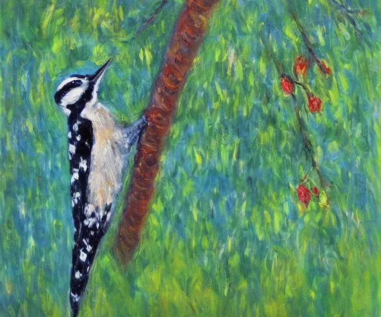 Prompt: woodpecker, cute, monet, oil painting