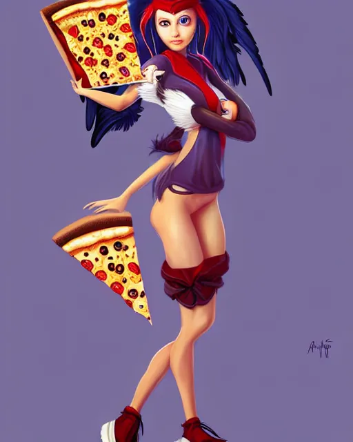 Image similar to ! dream cute female harpy as a pizza delivery woman, with feathery bird arms and talon bird feet, holding a cardboard pizza box. feathers for hair, cute, cinematic character design, stunning, highly detailed digital painting, artstation, stylized urban fantasy artwork, by artgerm and paul robertson