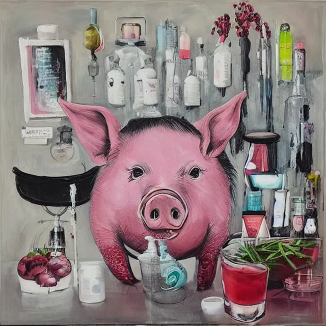 Image similar to “ a portrait in a female art student ’ s apartment, a pig theme, syringe, anaesthesia, art supplies, surgical iv drip, octopus, ikebana, herbs, a candle dripping white wax, squashed berries, berry juice drips, acrylic and spray paint and oilstick on canvas, surrealism, neoexpressionism ”