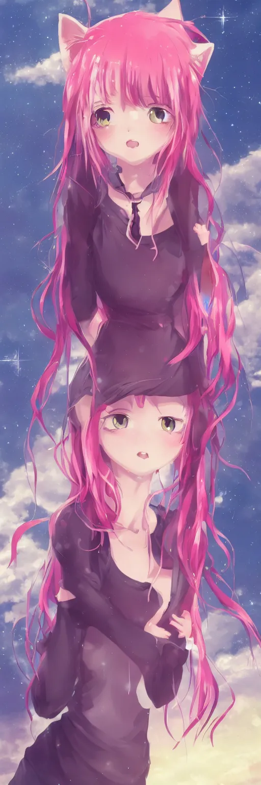 Prompt: A beautiful anime cat girl with pink hair, rule of thirds, digital art, iphone wallpaper, cgsociety, trending on artstation, sunset backgroung with shooting stars in the sky