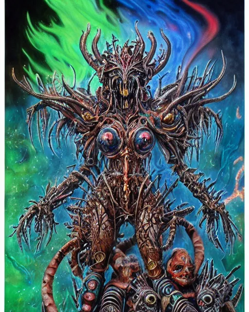 Image similar to silver mechanical charred bloody fleshmetal obliterator cyborg daemonhost woman psychedelic flamer of tzeentch with extra arms guns, blue and green rainbow fire, by antonio j. manzanedo, alex grey, android jones, wayne barlowe, philippe druillet, josephine wall, harumi hironaka, cronenburg, trending on artstation