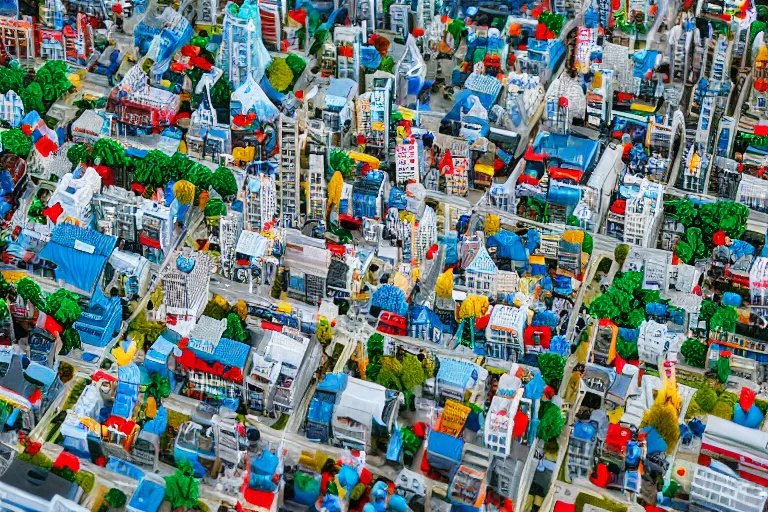 Prompt: Aerial view of a LEGO city, tilt-shift photography