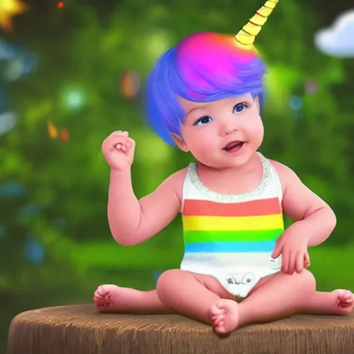 Prompt: Baby girl with unicorn and rainbow clothes sitting in a garden octane render