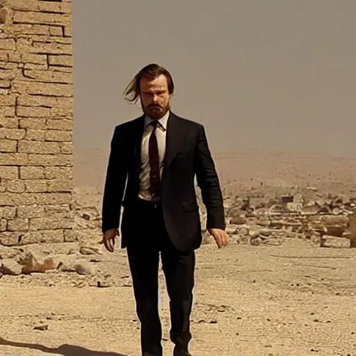 Image similar to kurdish capitalist wearing a suit, dressed smart, in a movie directed by christopher nolan, movie still frame, promotional image, imax 7 0 mm footage