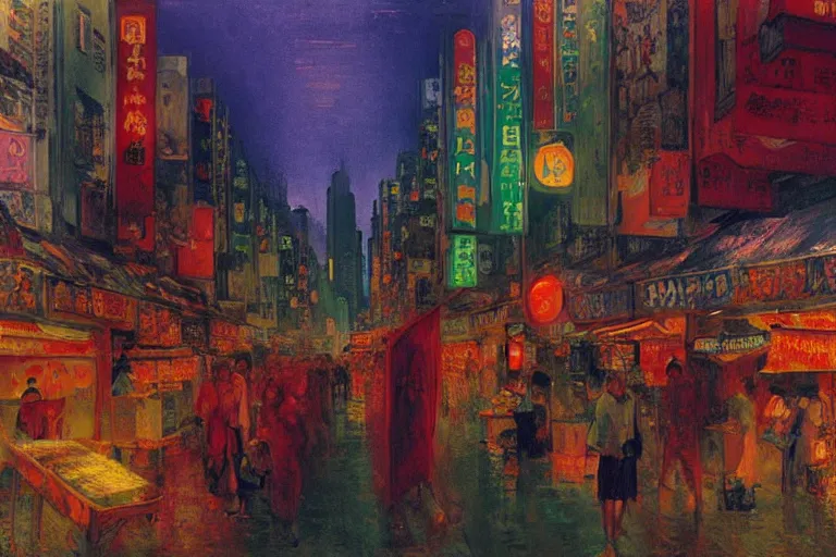 Image similar to dream festival, revelers playing games and shopping at a night market, low angle view from a city street lined with shops and apartments, glowing street signs, city like hong kong, tokyo, barcelona, oil painting by edvard munch, beksinski