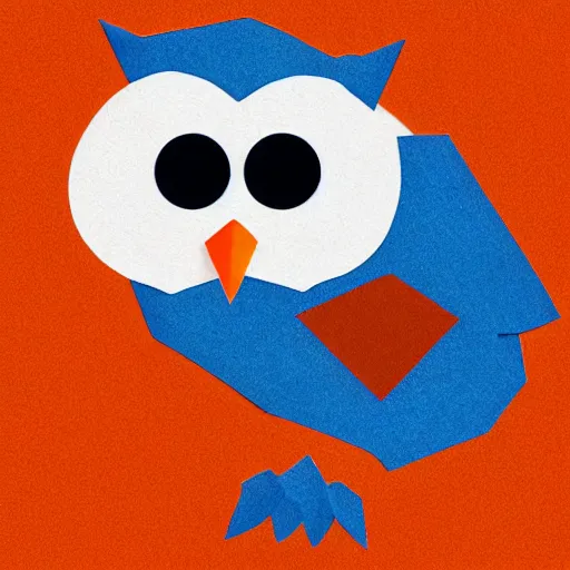 Image similar to logo featuring an owl's head as origami art with piercing white eyes, blue and orange colors, white background, Cut style, detailed