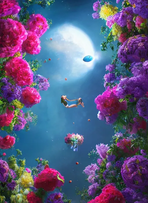 Image similar to An epic fantastic realism comic book style painting of the most beautiful flowers launched into space, bouquets, fisheye lens, unreal 5, DAZ, hyperrealistic, octane render, dynamic lighting