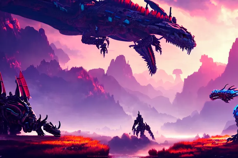 Image similar to dragon machine mecanical creature robot of horizon forbidden west horizon zero dawn bioluminiscence global illumination ray tracing hdr fanart arstation by ian pesty and alena aenami artworks in 4 k