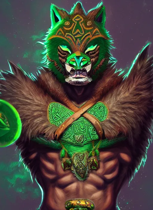 Prompt: a highly detailed illustration of fierce aztec tribal boy wearing green wolf mane, heroic roaring wielding aztec club pose, muscular, intricate, elegant, highly detailed, centered, digital painting, artstation, concept art, smooth, sharp focus, league of legends concept art, wlop