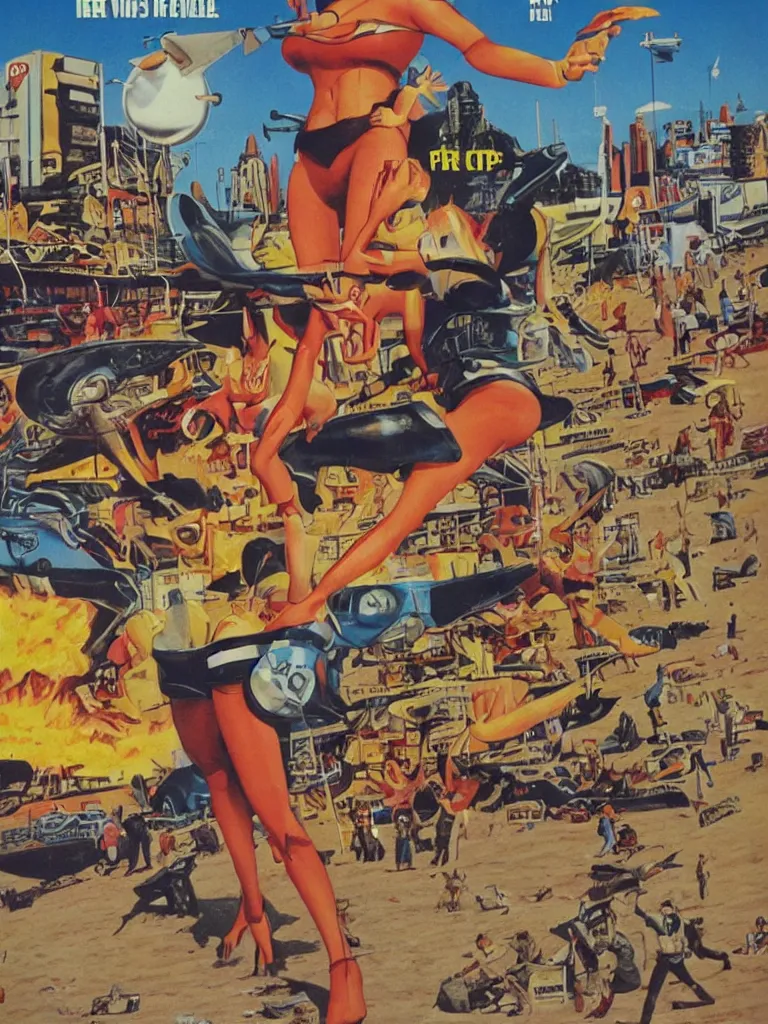 Image similar to evil cheeseburger stands on a beach rockets are landing in the background, forbidden planet, pulp sci fi, poster