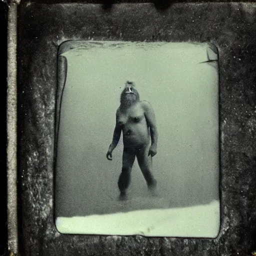 Prompt: tintype photo, bigfoot swimming underwater