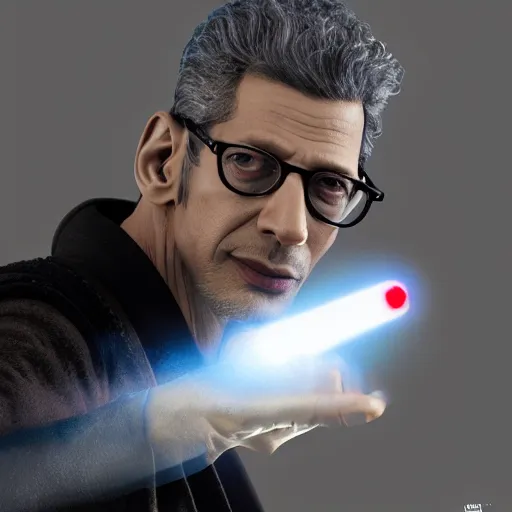 Image similar to hyperrealistic jeff goldblum wielding lightsaber, stunning 3 d render inspired by istvan sandorfi & xiang duan, perfect symmetry, dim volumetric cinematic lighting, 8 k octane comprehensive render, extremely mega hyper - detailed and lifelike attributes & atmosphere, intricate, realistic flesh texture, masterpiece, artstation, stunning,