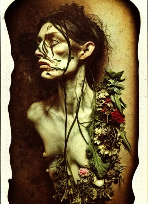 Prompt: beautiful and detailed rotten woman made of plants and many different types of flowers, muscles, intricate, organs, ornate, surreal, john constable, guy denning, gustave courbet, caravaggio, 1 9 1 0 polaroid photo