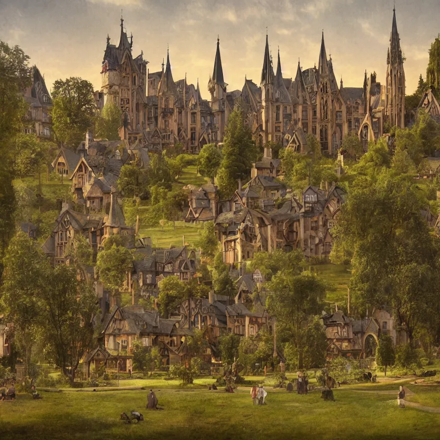 Image similar to a tudor style village in the shadows of an enormous Gothic Revival architecture castle in a lovely meadow at dusk, art nouveau matte painting, highly detailed