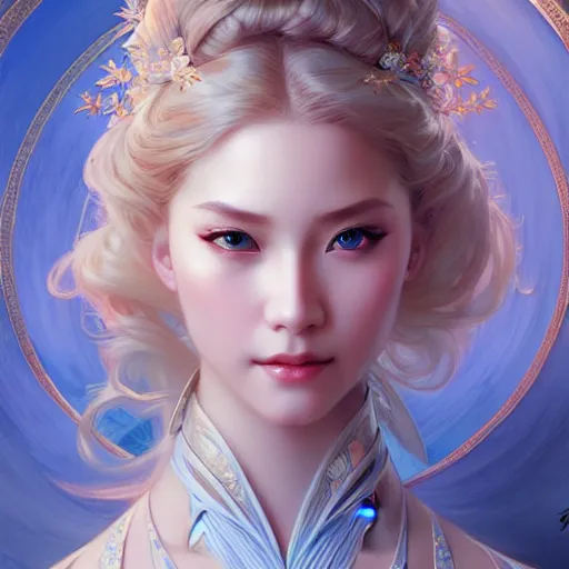 Image similar to elegant Chinese princess, D&D, blue eyes, blonde hair, fantasy, intricate, elegant, highly detailed, digital painting, artstation, concept art, smooth, sharp focus, illustration, art by artgerm and greg rutkowski and alphonse mucha