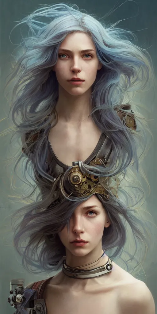 Image similar to portrait of a young ruggedly beautiful but joyful cyborg, female, femenine, upper body, aquamarine color hair, long hair, d & d, fantasy, piercing eyes, intricate, elegant, highly detailed, digital painting, artstation, concept art, matte, sharp focus, illustration, art by artgerm and greg rutkowski and alphonse mucha