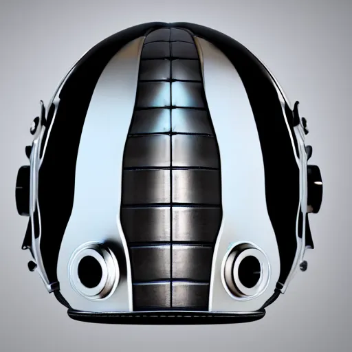 Prompt: Realistic product photo of symmetrical black alien space helmet, hoses, artstation, 3d, octane render, top light, gray background