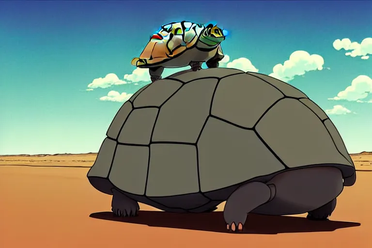 Image similar to a study of cell shaded cartoon of a grey mechanized tortoise from howl's moving castle ( 2 0 0 4 ) on a desert road, full body, wide shot, very muted colors, post grunge, studio ghibli, laurie greasley, highly detailed, deviantart, art by artgem