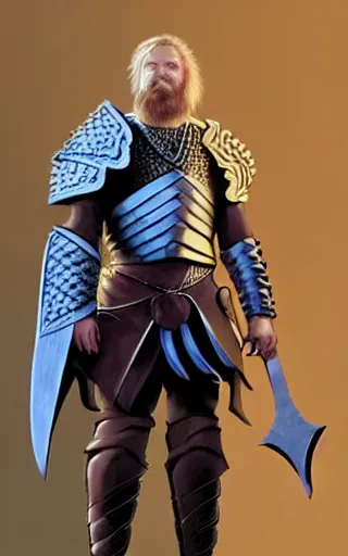 Image similar to highly detailed concept art of a rugged young knight with blonde hair and blue eyes and a short beard wearing a blue shirt over chain mail and steel pauldrons and a yellow cape and leather boots holding a shield and a warpick, concept art by Greg Rutkowski, realistic, masterpiece, ArtStation