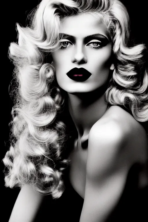 Prompt: stunning award - winning herb ritts portrait of a beautiful blonde woman. long curly shiny glossy hair. old hollywood makeup. vintage glamour. glossy dark lips. supermodel. high fashion black and white photography. vogue. nikon 5 0 mm f / 1. 6