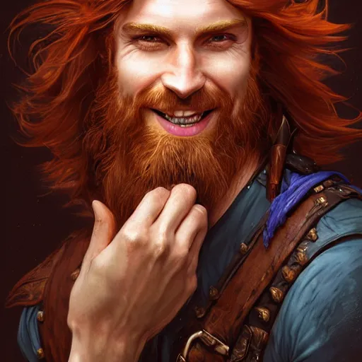 Image similar to portrait of a young ruggedly handsome but joyful pirate, male, masculine, upper body, red hair, long hair, d & d, fantasy, giddy smirk, intricate, elegant, highly detailed, digital painting, artstation, concept art, matte, sharp focus, illustration, art by artgerm and greg rutkowski and alphonse mucha