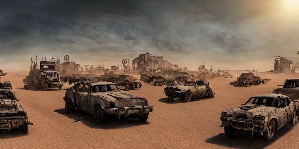 Image similar to mad max inspired vehicle convoy driving through abandoned city square with desert vegetation all around, panorama, digital art, over the top