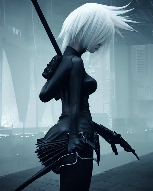 Image similar to yorha no. 2 type b, medium shot, asymmetrical, profile picture, hyper realism, cinematic, volumetric lighting, epic composition, high detail, octane render, unreal engine, 8 k, concept art, 3 d render, digital art, deviantart artstation, ray tracing, apocalyptic, intricate complexity, extremely detailed, very sharp,