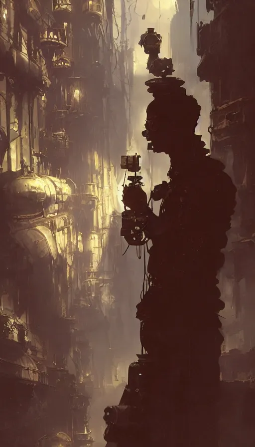 Prompt: hyper realistic photographer looking through camera towards viewer, magical, steampunk, painted by mike mignola, craig mullins, j. c. 8 k