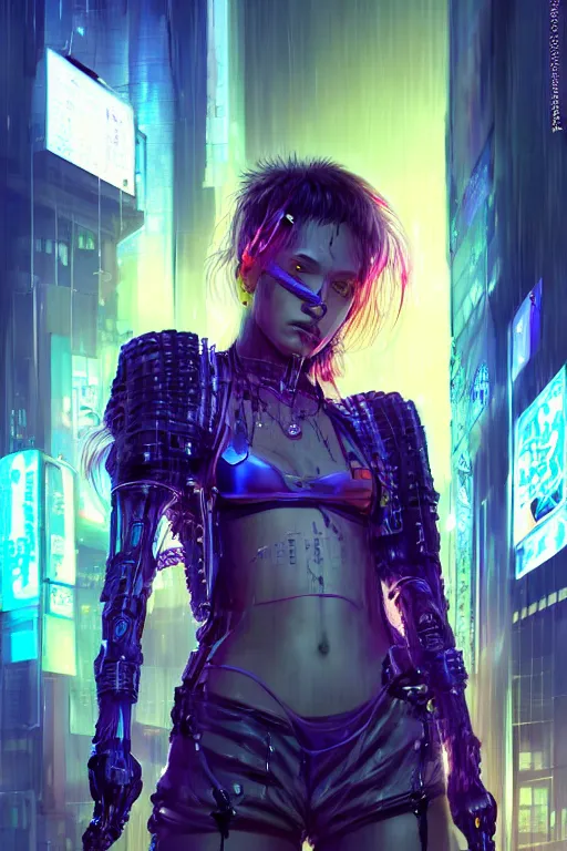 Image similar to portrait futuristic obnoxious cyberpunk young female Berserker, in futuristic heavily raindrop tokyo rooftop cyberpunk night, ssci-fi, fantasy, intricate, very very beautiful, elegant, neon light, highly detailed, digital painting, concept art, human anatomy, soft light, hdri, smooth, sharp focus, illustration, art by tian zi and craig mullins and WLOP and alphonse mucha