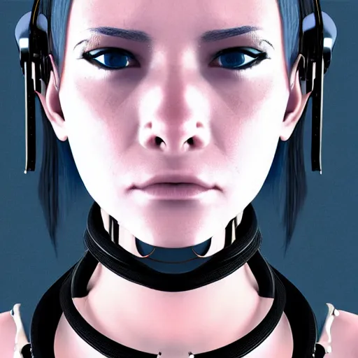 Image similar to headshot portrait of cyberpunk woman wearing thick steel choker around neck, 4K, detailed face, collar on neck, realistic, artstation, cyberpunk style, neon,