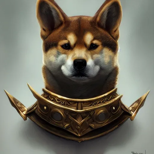 Image similar to detailed photorealistic painting of shiba inu wearing a highly detailed ornamented bronze viking helmet with two horns on head, sharp focus in the style of ruan jia, Mandy jurgens, cinematic light, concept art, trending on artstation, ultra realistic