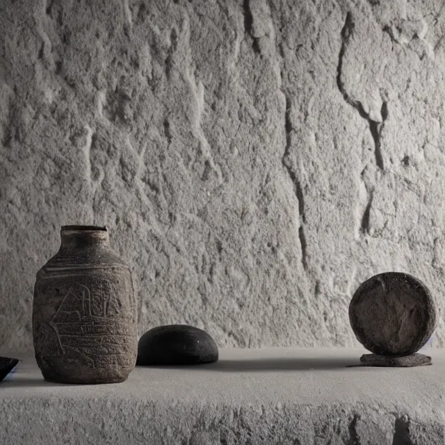 Image similar to a photo of a museum display showing a cylindrical clay jar, lying beside it is a dead sea scroll with nabeatean writing, dark, brooding, atmospheric, volume lighting