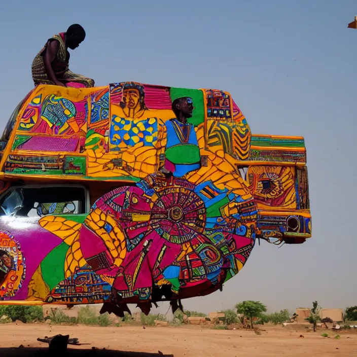 Image similar to UFO hovering over an African Jesus , colourful, in the style of Nigerian truck art (Eagle & Snake, Kano),