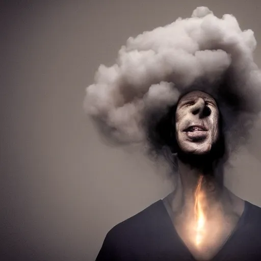 Prompt: annie liebowitz photo of a man who's head is turning into a puff of smoke