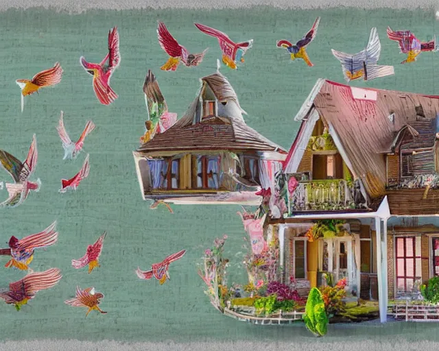 Prompt: detailed house, seen from the distance. maximalist paper birds flying. with unexpected fabric elements. 8 x 1 6 k hd mixed media 3 d collage in the style of a childrenbook illustration in soft natural tones. matte background no frame hd