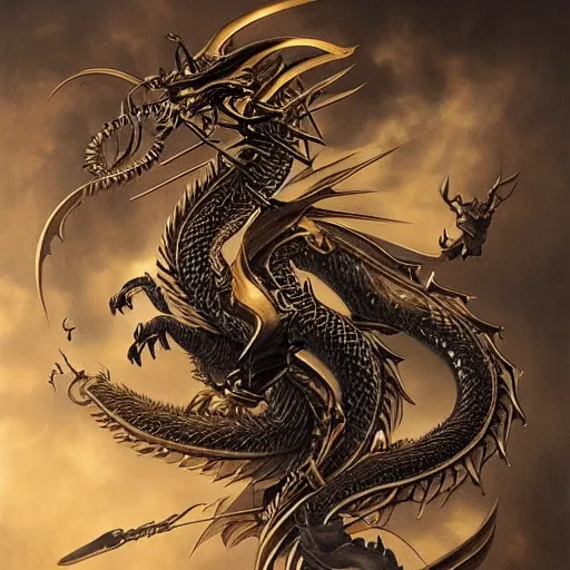 Image similar to emblem of black dragon on a gold metallic dragon emblem, by artgerm, tom bagshaw, gerald brom, moody vibe, victorian vibe, gold, shiny, gold, 4 k, hd,