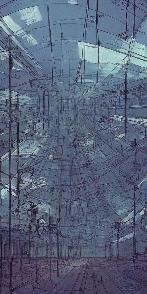 Image similar to underground huge experimental water tanks , mysterious laboratory, thick mist, low ceiling, cables hanging from ceiling, thick cables on ground, ground perspective, god rays of light, huge computer screens, neons, saturated top light , epic scene, scifi, illustration, art by ghibli moebius