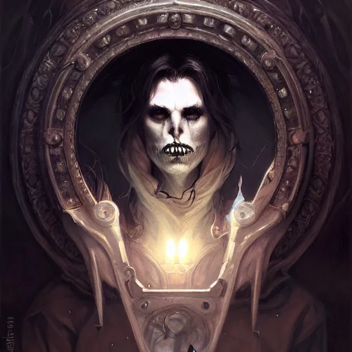 Image similar to Portrait of spooky man, D&D, black eyes, face, dark fantasy, intricate, elegant, highly detailed, digital painting, artstation, concept art, smooth, sharp focus, illustration, art by artgerm and greg rutkowski and alphonse mucha