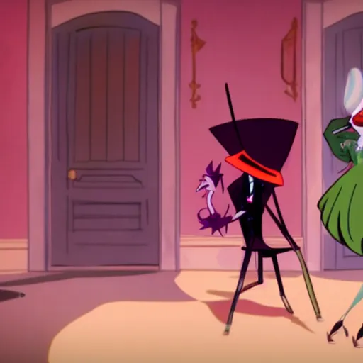 Prompt: A Still of a episode from Hazbin Hotel where Charlie morningstar and a person arguing of who is going to take out the trash