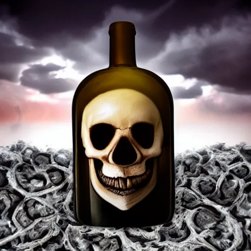 Image similar to skull made of smoke inside of wine bottle. Stormy sky on the backround .Art station. Mood lighting. - h 1200