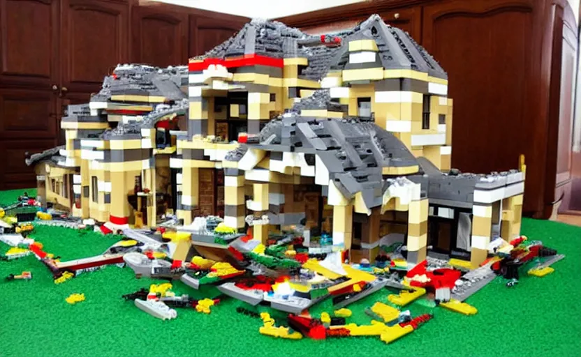 Image similar to a crashed broken full size villa made out of lego, pieces of lego laying on the lawn