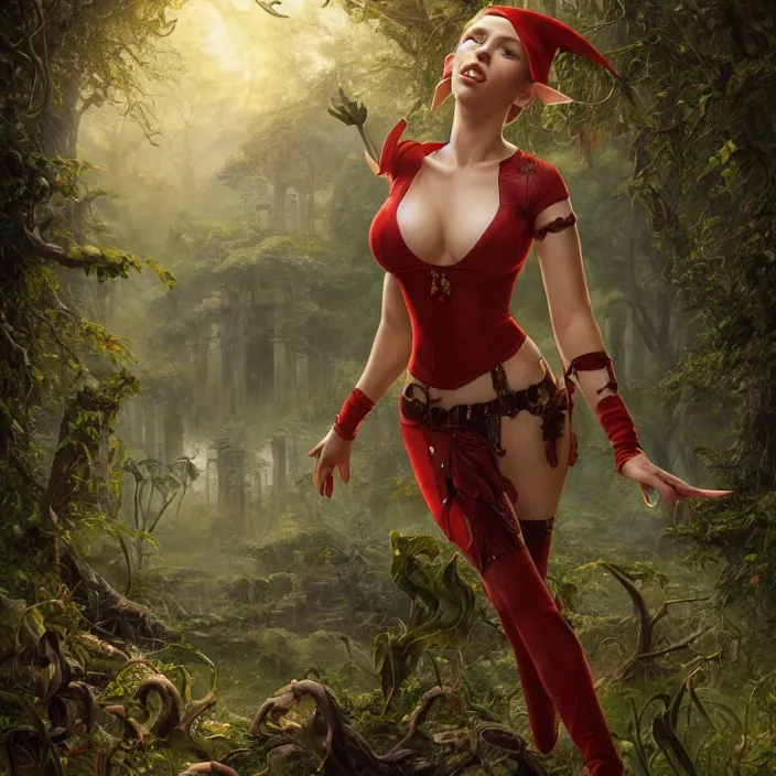 Image similar to intricate detailed portrait of Scarlet Johansson as a sensual elf on a beautiful forest meadow, temple ruins surrounded by lush forest, afternoon, art by Tyler Edlin, Artgerm and Greg Rutkowski and Alphonse Mucha and miro manara, atmospheric lighting, dynamic lighting, cgsociety, substance painter, 3dmodel