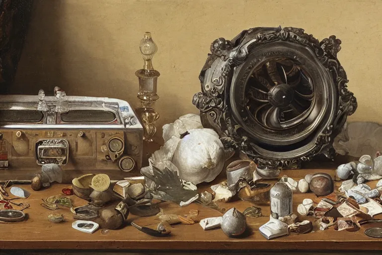 Image similar to a vanitas painting by clara peeters and pieter claesz, depicting an NVIDIA RTX A100 GPU, graphics card, computer parts, GPU shot etched