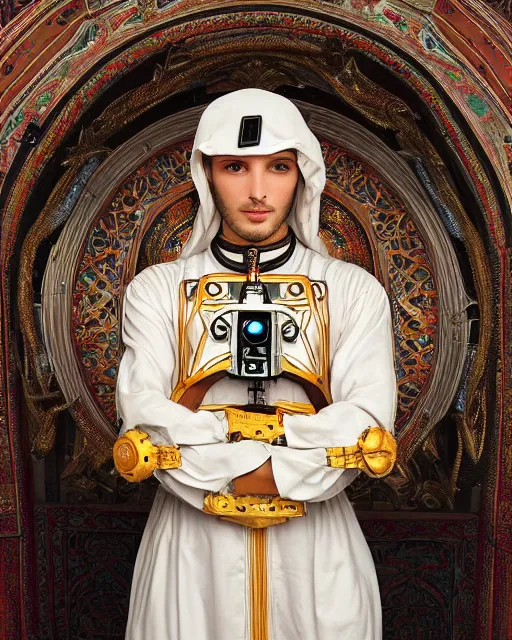 Image similar to centered portrait photo by bouguereau of blissful man as a solarpunk mecha humanoid robotic parts wearing arabic clothes with bright lights, real human face, serpentine pose, inside white room, ultra - realistic and detailed, 8 k