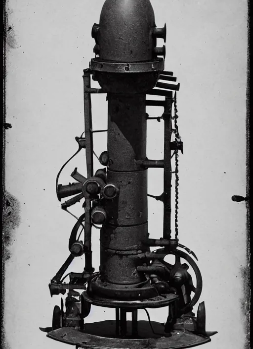 Image similar to 1 8 8 5 photo of a steampowered riveted turret from portal 2, daguerrotype, high quality