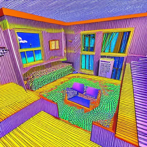 Image similar to a drawing of a room with a staircase, a computer rendering by howard arkley, cg society contest winner, psychedelic art, isometric, voxel art, vaporwave