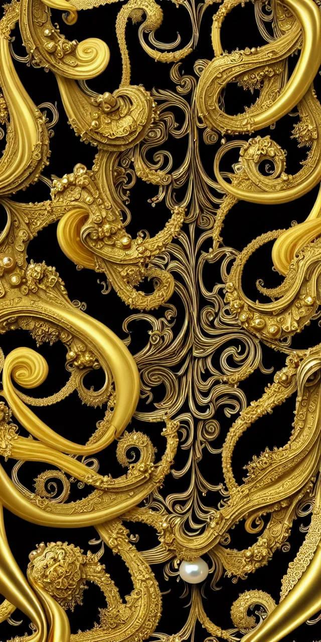 Image similar to subsurface scattering, seamless 3 d baroque gold and black pattern, beautiful dynamic shadows, gold silver iridescent pearls and swarovski crystals, symmetrical, rococo elements, damask pattern, swirls and spirals, dolce and gabanna, michelangelo, iris van herpen artstation, versace pattern, concept design art, octane render, 8 k