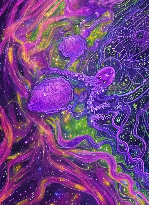 Prompt: the cosmic sorcerer with intricate and vibrant purple line work, jelly fish with long kaleidoscopic tentacles, lost in a cosmic maelstrom detailed painting by felix kelly and cgsociety.